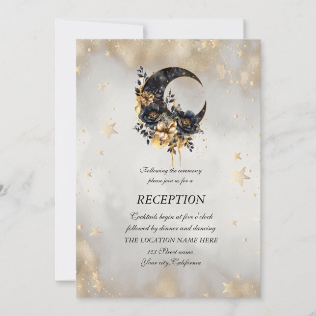 Invitación Estrellas Doradas Celestiales Flores Luna (Anverso)