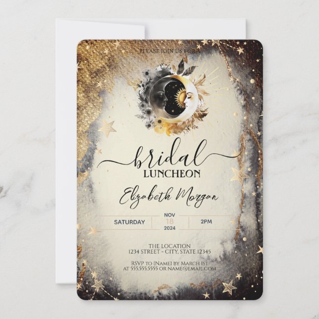 Invitación Estrellas Doradas Celestiales Lunas Brunch Nupcial (Anverso)