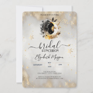 Invitación Estrellas Doradas Celestiales Lunas Flores Almuerz