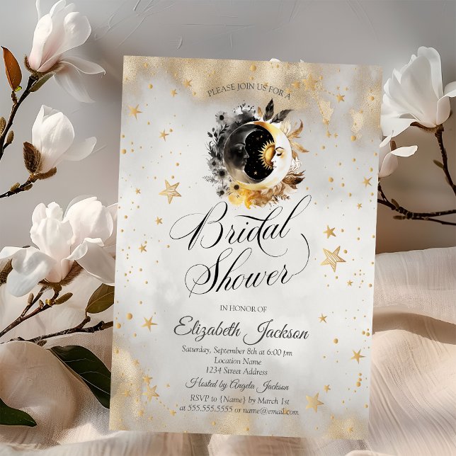 Invitación Estrellas Doradas Celestiales Lunas Flores Despedi (Subido por el creador)