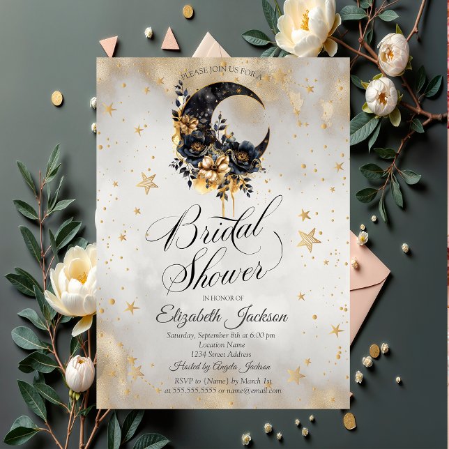 Invitación Estrellas Doradas Celestiales Lunas Flores Despedi (Subido por el creador)