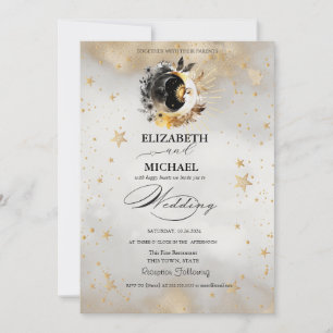 Invitación Estrellas Doradas Celestiales Lunas Flores Escritu