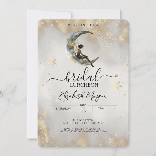 Invitación Estrellas Doradas Celestiales Lunas Muchacha Almue (Anverso)
