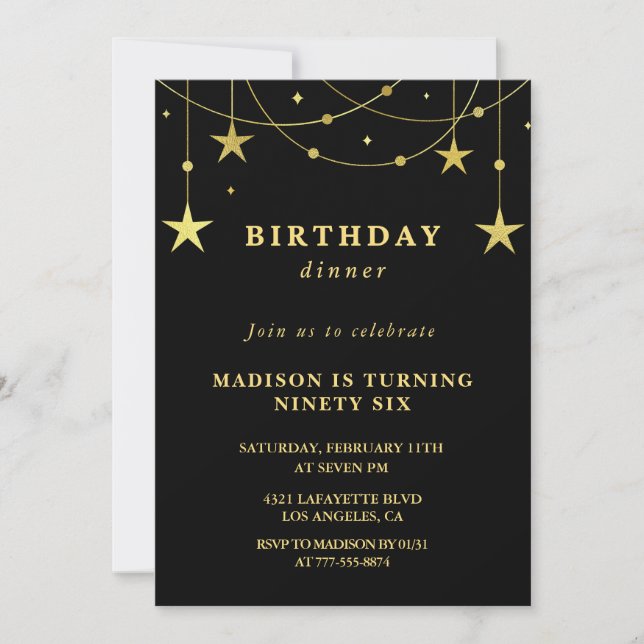 Invitación Estrellas Doradas Cena de Cumpleaños 96 Chic Negro (Anverso)