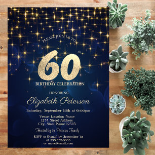 Invitación Estrellas Doradas Elegantes Cumpleaños 60 Navy Azu