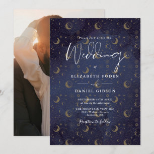 Invitación Estrellas Doradas Elegantes Foto Lunar Boda Celest