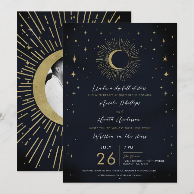 Invitación Estrellas Doradas Noche Explosión Celestial Sol Fo (Anverso / Reverso)