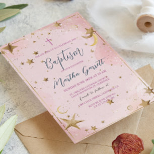Invitación Estrellas doradas y bautismo Chica rosado