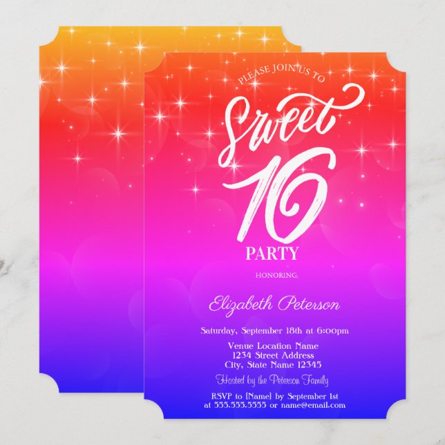 Invitación Estrellas Elegantes Ombre Sweet 16 (Anverso / Reverso)