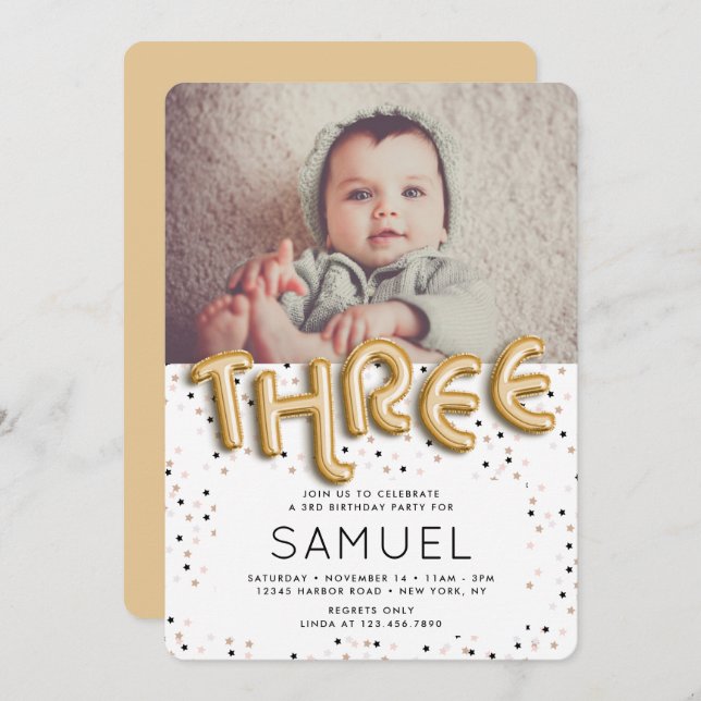 Invitación Estrellas en globo de Relieve metalizado dorado Ti (Anverso / Reverso)