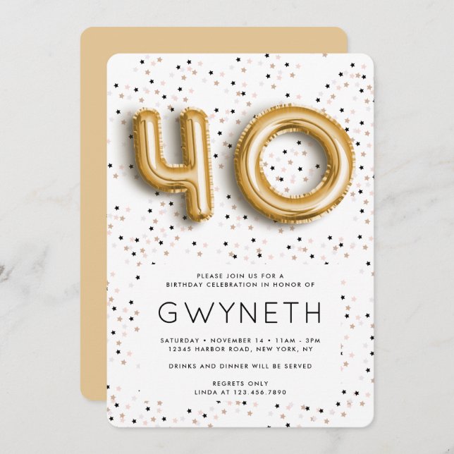 Invitación Estrellas en globo de Relieve metalizado dorado Ti (Anverso / Reverso)