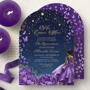 Invitación Estrellas Florales Celestiales Purpura Quinceanera