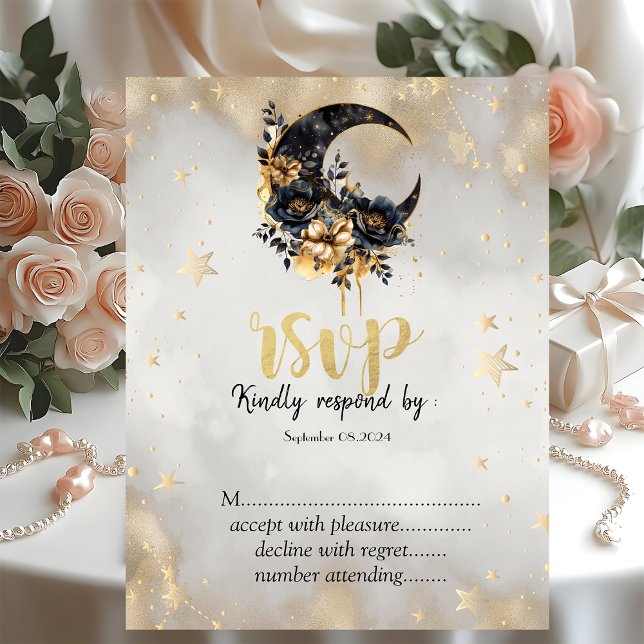 Invitación Estrellas Florales de Luna de Oro Celestial RSVP   (Subido por el creador)