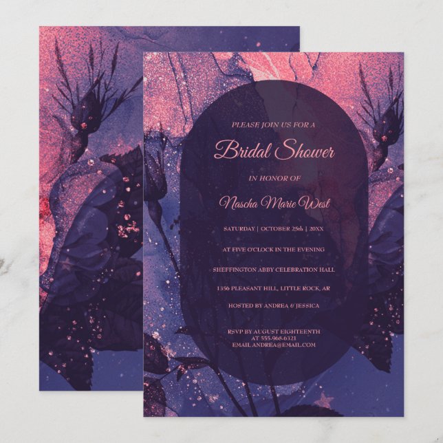Invitación Estrellas florales moradas y rosas Gótico alternat (Anverso / Reverso)