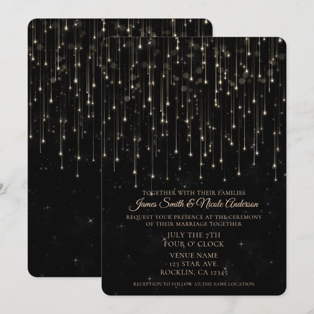 Invitación Estrellas Fugaces Brillantes Boda Moderna Chic Neg (Anverso / Reverso)