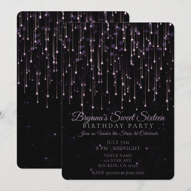 Invitación Estrellas Fugaces Brillantes Fiesta de Dulces 16 M (Anverso / Reverso)
