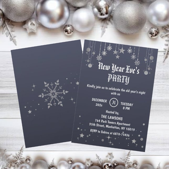 Invitación Estrellas grises oscuras y copos de nieve Fiesta d (Subido por el creador)