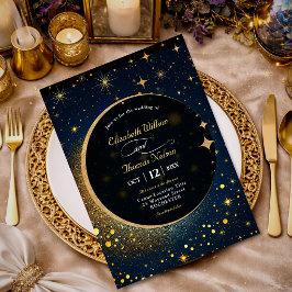 Invitación Estrellas Luna Azul Medianoche Halo celestial boda