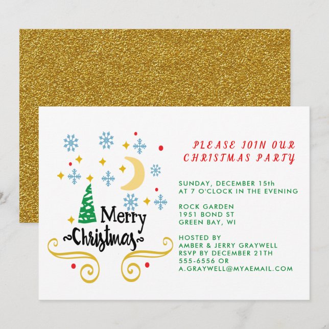 Invitación Estrellas, luna, copos de nieve y Feliz Navidad, Z (Anverso / Reverso)
