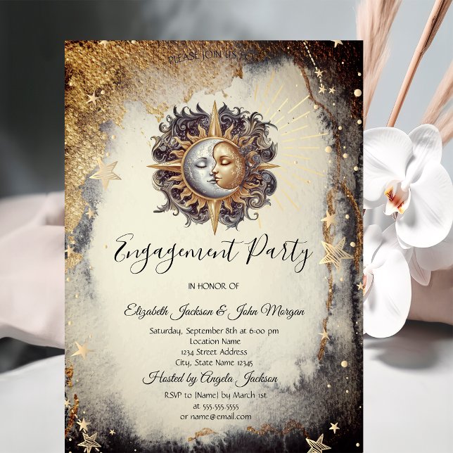 Invitación Estrellas Luna Sol Dorado Místico (Subido por el creador)