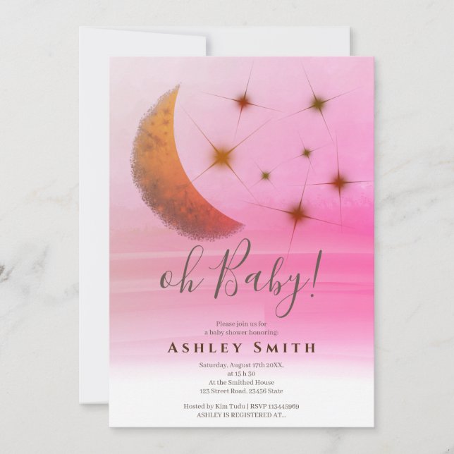 Invitación Estrellas lunares muertas acuarela bebé ducha (Anverso)