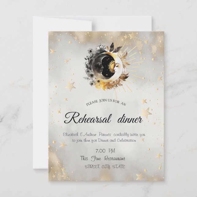 Invitación Estrellas Lunas Flores Doradas Celestiales (Anverso)
