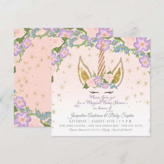 Invitación Estrellas mágicas niña ducha unicornio floral de c (Anverso / Reverso)