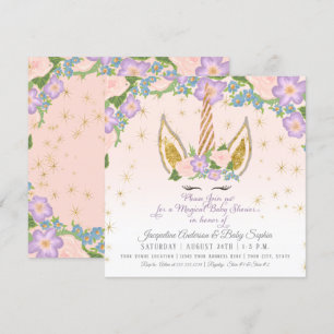 Invitación Estrellas mágicas niña ducha unicornio floral de c