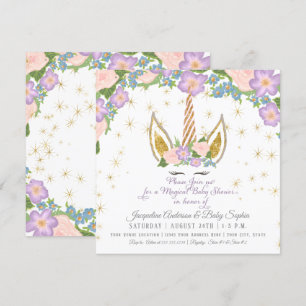 Invitación Estrellas mágicas niña ducha unicornio floral de c