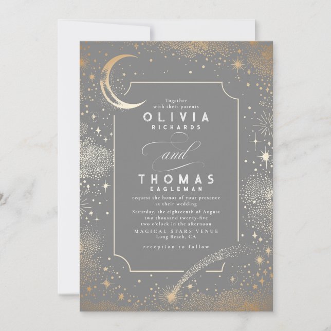 Invitación Estrellas místicas celestiales Boda de gris suave  (Anverso)