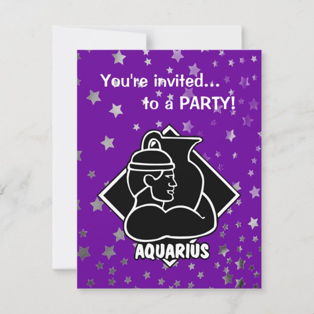 Invitación Estrellas moradas| Rótulo Aquarius cumpleaños Zodi (Anverso)