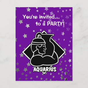 Invitación Estrellas moradas  Rótulo Aquarius cumpleaños Zodi