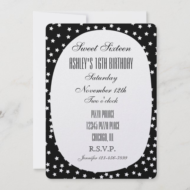 Invitación Estrellas negras y blancas dulces 16 (Reverso)
