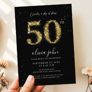 Invitación Estrellas Negras y Doradas Brillantes Fiesta de Cu