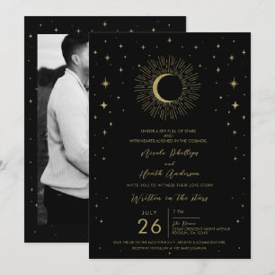 Invitación Estrellas negras y doradas ráfaga solar celestial 