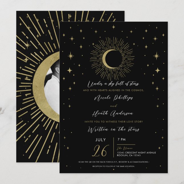 Invitación Estrellas negras y doradas ráfaga solar celestial  (Anverso / Reverso)