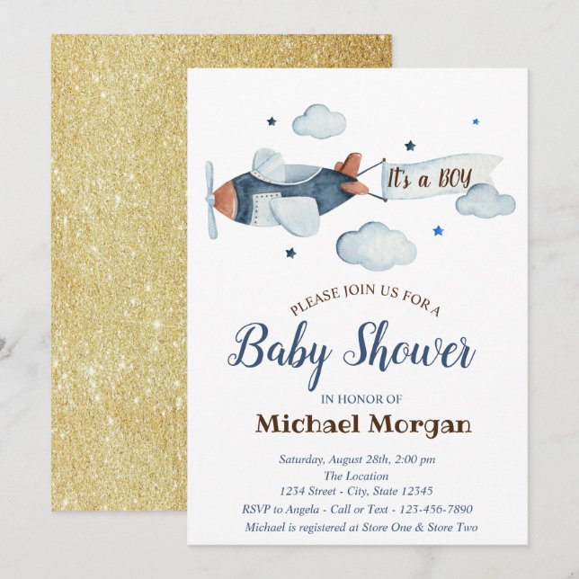 Invitación Estrellas, Nubes, Avión Dorado Brillo Shower de Be (Anverso / Reverso)