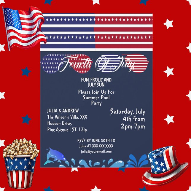 Invitación Estrellas patrióticas 4 de julio  de bandera estad (Patriotic Stars 4th July American Flag Pool Party Invitation)