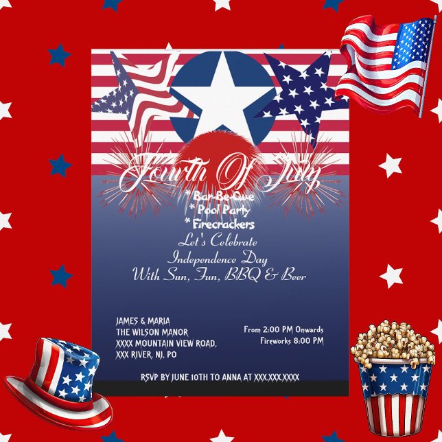 Invitación Estrellas patrióticas 4 de julio de los petardos F (Patriotic Stars 4th July Firecrackers BBQ Party Invitation)