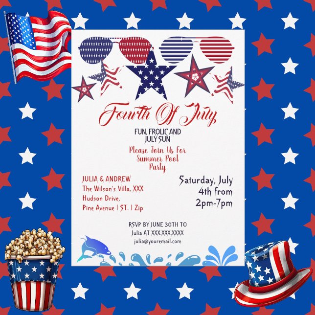 Invitación Estrellas patrióticas 4 de julio Fiesta de piscina (Patriotic Stars 4th July Sunglasses Pool Party Invitation)