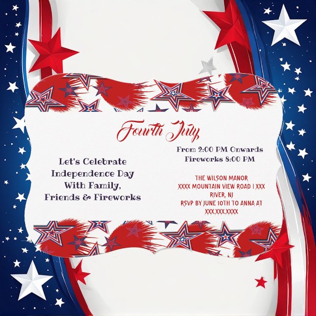 Invitación Estrellas Patrióticas Fiesta de Fuegos Artificiale (Patriotic Stars 4th July Fireworks Party Red Blue Invitation)