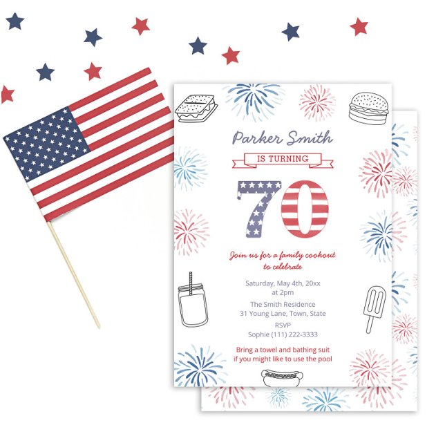 Invitación Estrellas Patrióticas y Fiesta de Cumpleaños 70 (70th Birthday Cookout BBQ Party invitation featuring red and blue fireworks against white background)