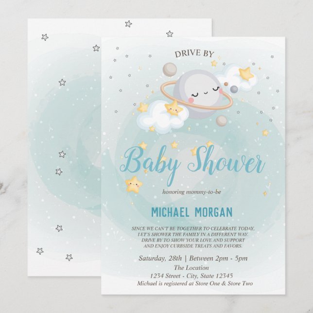 Invitación Estrellas, Planeta, Nubes Conducen Por Baby Shower (Anverso / Reverso)
