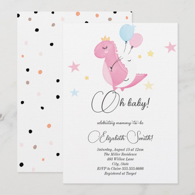 Invitación Estrellas, puntos, ducha de bebé de dinosaurios ro (Anverso / Reverso)