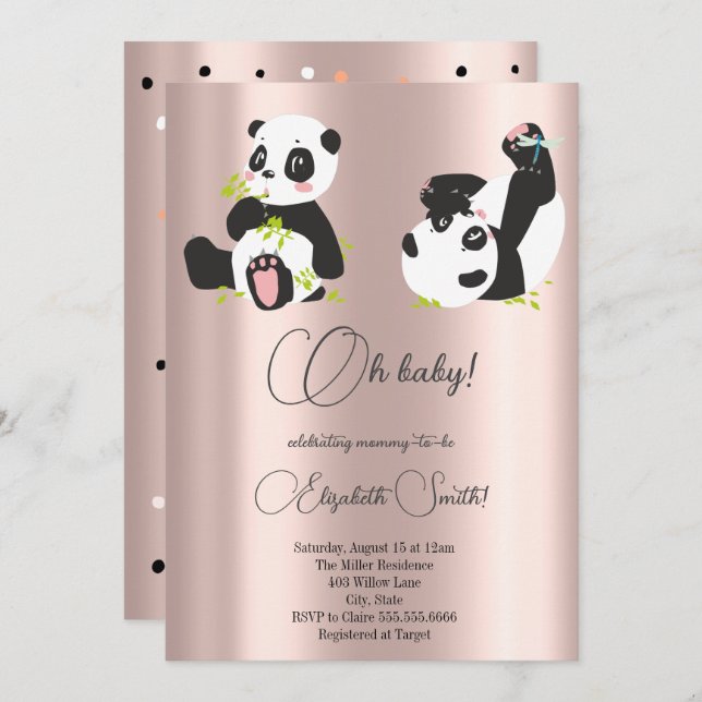 Invitación Estrellas, puntos, pandas lindos, ducha de bebé (Anverso / Reverso)