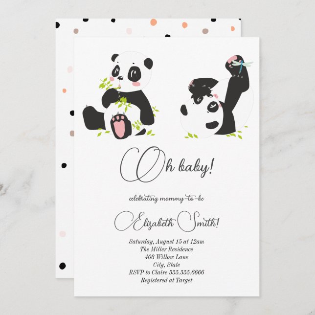 Invitación Estrellas, puntos, pandas lindos, ducha de bebé (Anverso / Reverso)