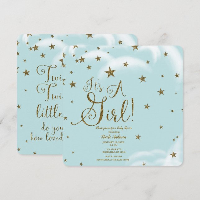 Invitación Estrellas Purpurinas azules y doradas es un Baby S (Anverso / Reverso)