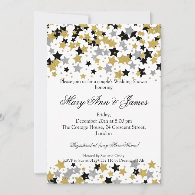 Invitación Estrellas Purpurinas de oro de la ducha de novia (Anverso)
