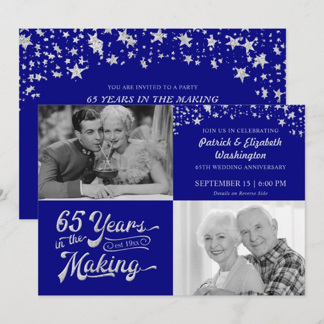 Invitación Estrellas Purpurinas de plata zafiro en 65 años (Anverso / Reverso)