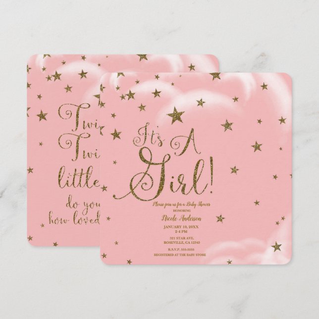 Invitación Estrellas Purpurinas rosadas y doradas: es un Baby (Anverso / Reverso)